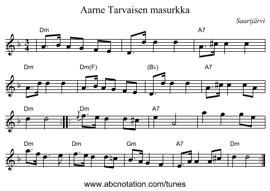 Aarne Tarvaisen masurkka - staff notation
