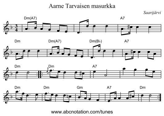 Aarne Tarvaisen masurkka - staff notation