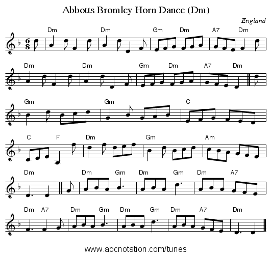 Abbotts Bromley Horn Dance (Dm) - staff notation