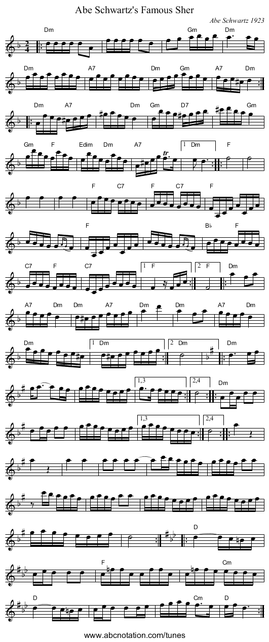 Abe Schwartz's Famous Sher - staff notation