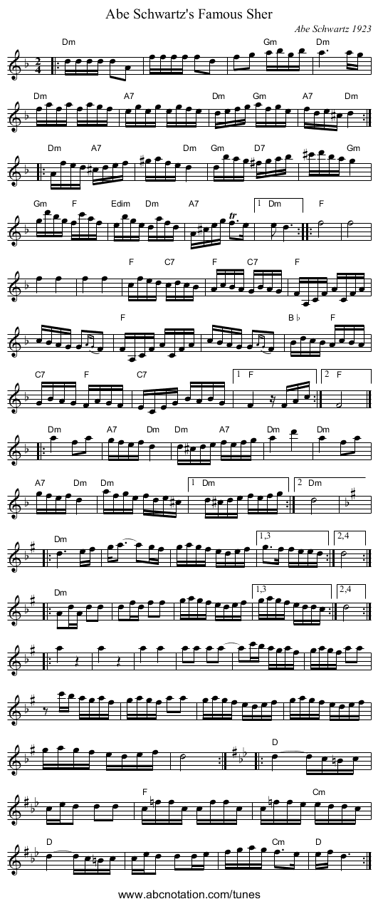 Abe Schwartz's Famous Sher - staff notation