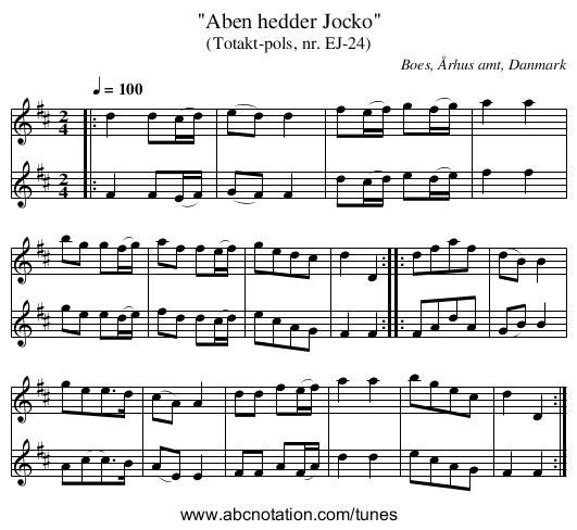 Aben hedder Jocko - staff notation