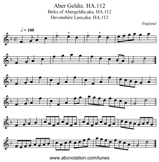 Aber Geldie. HA.112 - staff notation