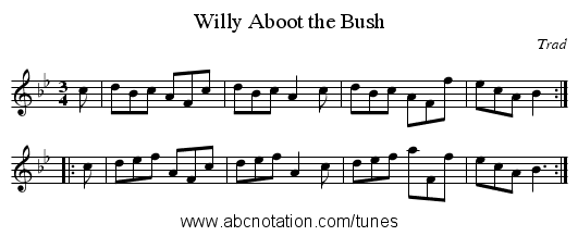 Aboot the Bush, Willy - staff notation