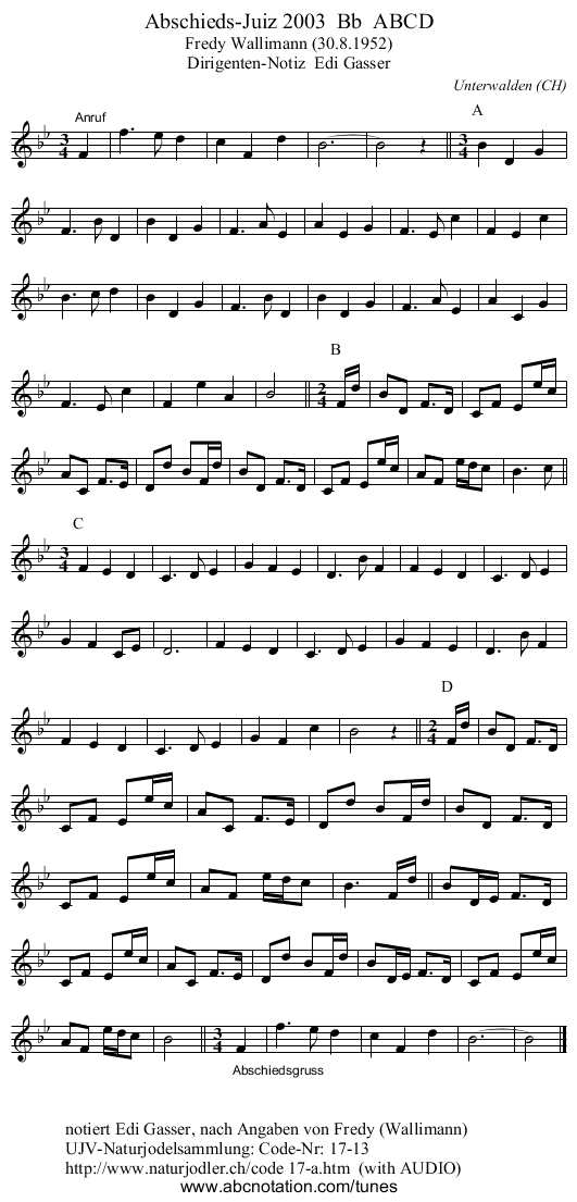 Abschieds-Juiz 2003  Bb  ABCD - staff notation