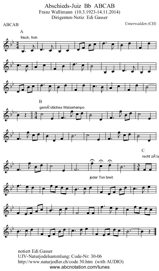 Abschieds-Juiz  Bb  ABCAB - staff notation