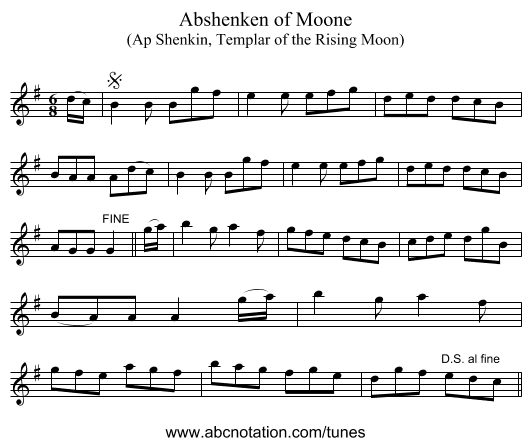 Abshenken of Moone - staff notation