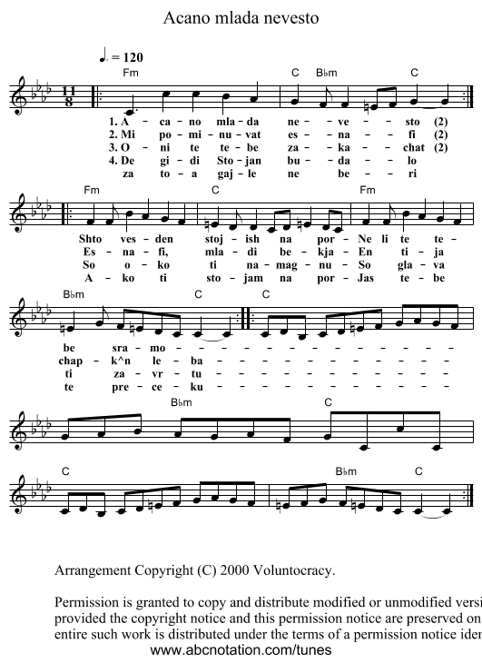 Acano mlada nevesto - staff notation