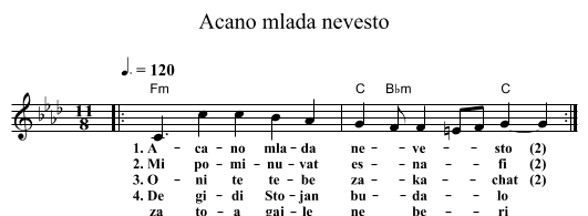 Acano mlada nevesto - staff notation