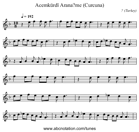 Acemkürdî Arana?me (Curcuna) - staff notation