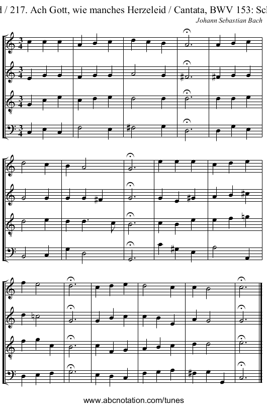Ach Gott, wie manches Herzeleid / 217. Ach Gott, wie manches Herzeleid / Cantata, BWV 153: Schau, lieber Gott, wie meine Feind - staff notation
