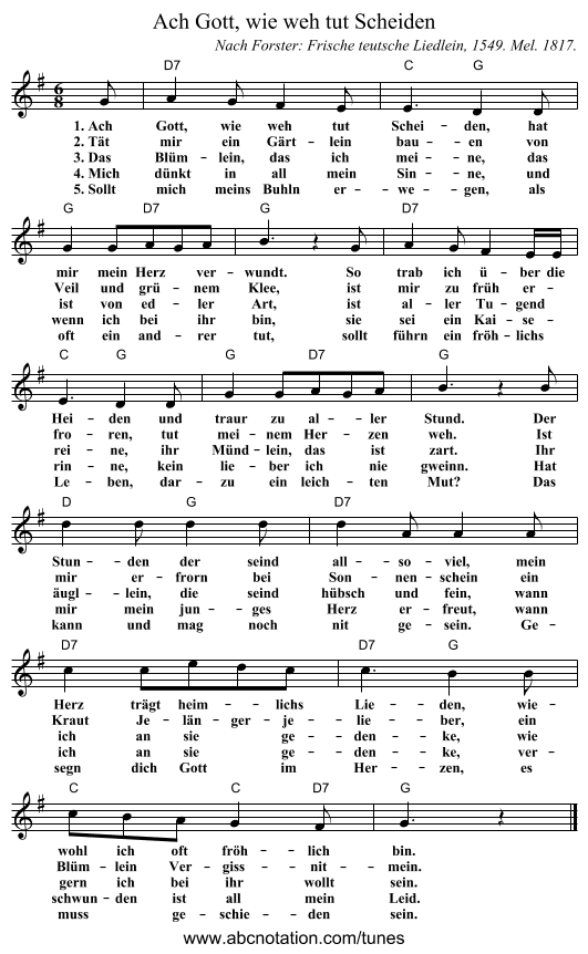 Ach Gott, wie weh tut Scheiden - staff notation