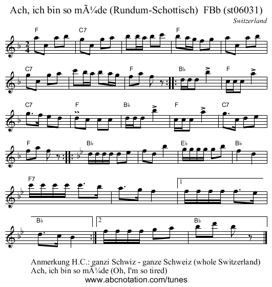 Ach, ich bin so mÃ¼de (Rundum-Schottisch)  FBb (st06031) - staff notation