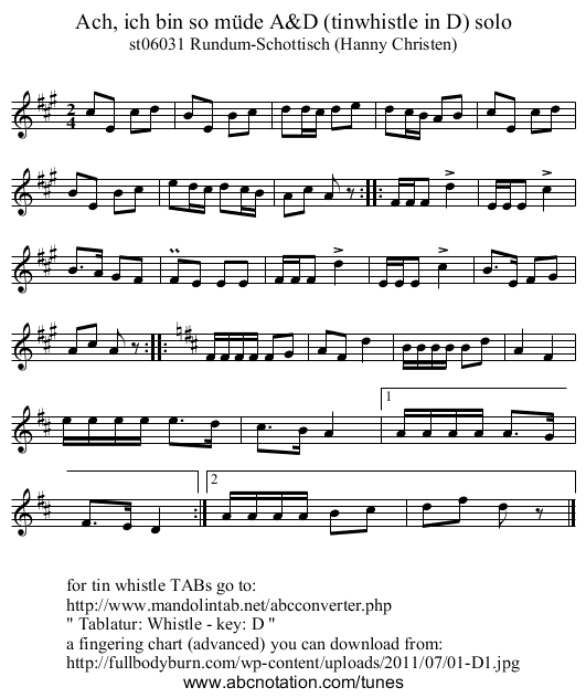 Ach, ich bin so m&uuml;de A&D (tinwhistle in D) solo - staff notation