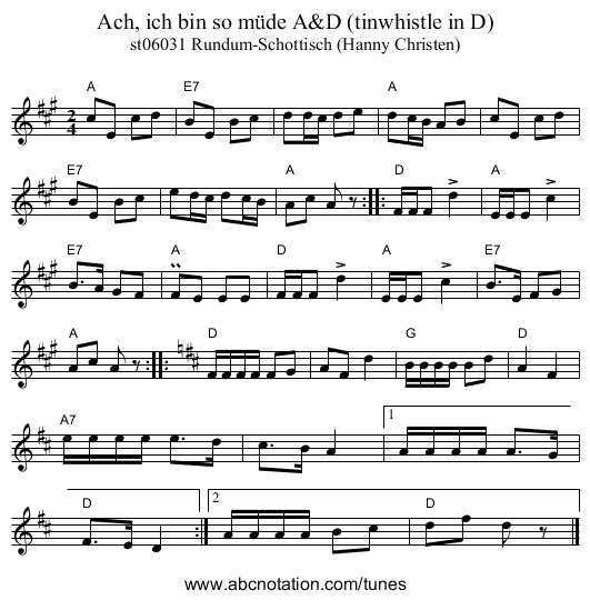 Ach, ich bin so müde A&D (tinwhistle in D) - staff notation