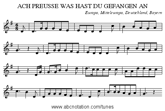 ACH PREUSSE WAS HAST DU GEFANGEN AN - staff notation