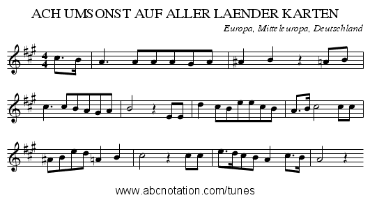 ACH UMSONST AUF ALLER LAENDER KARTEN - staff notation