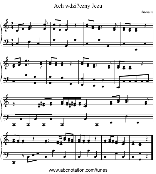 Ach wdzi?czny Jezu - staff notation