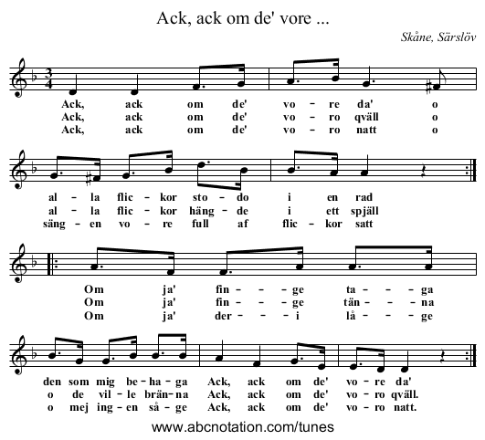 Ack, ack om de' vore ... - staff notation
