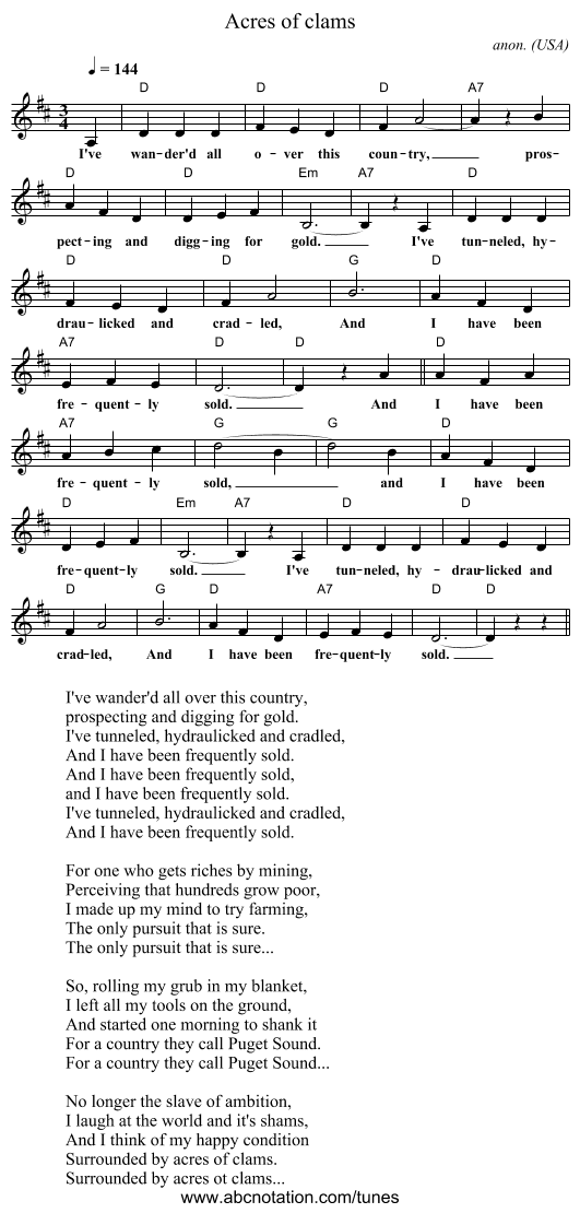 Acres of clams - staff notation