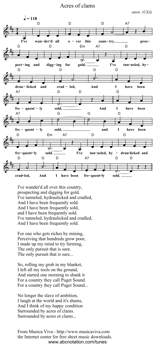 Acres of clams - staff notation