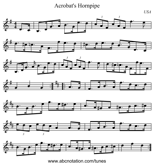 Acrobat's Hornpipe - staff notation