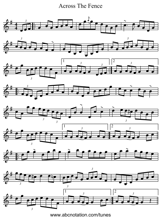 Across The Fence - staff notation