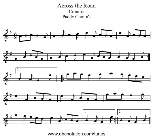 Across the Road - staff notation