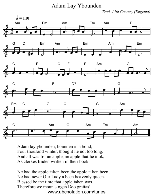 Adam Lay Ybounden - staff notation