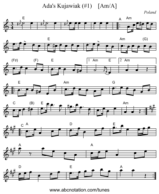 Ada's Kujawiak (#1)    [Am/A] - staff notation