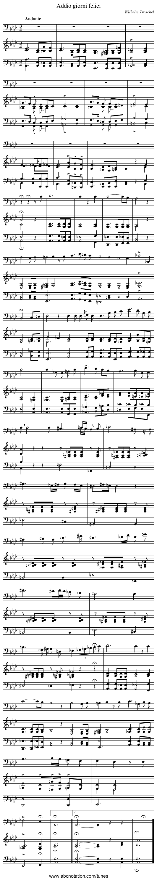 Addio giorni felici - staff notation