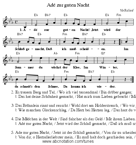 Ad&eacute; zur guten Nacht - staff notation