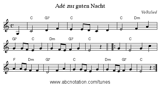 Ad&eacute; zur guten Nacht - staff notation