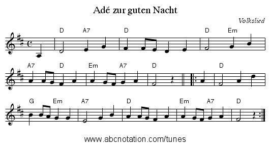 Ad&eacute; zur guten Nacht - staff notation