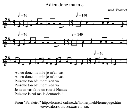 Adieu donc ma mie - staff notation