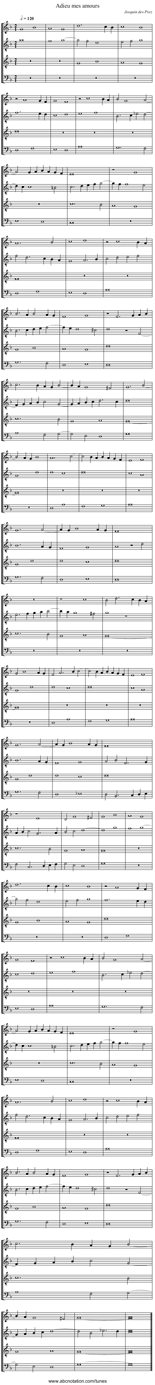 Adieu mes amours - staff notation