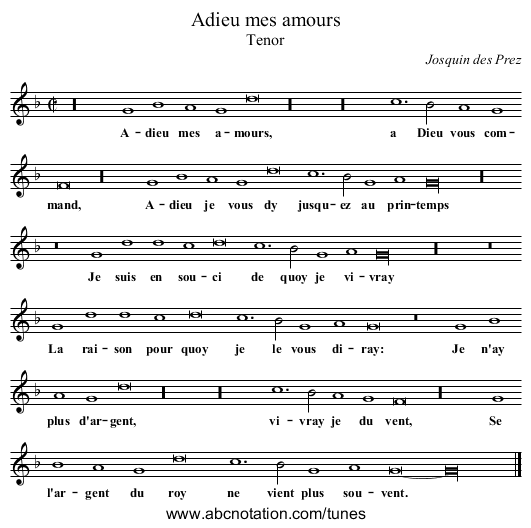 Adieu mes amours - staff notation