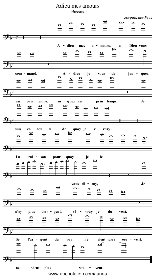 Adieu mes amours - staff notation