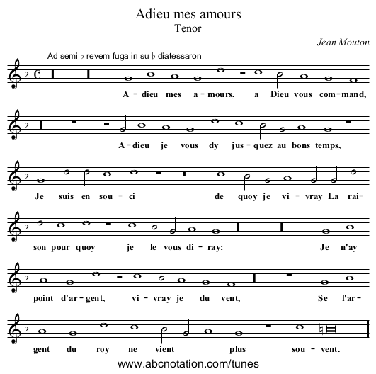 Adieu mes amours - staff notation