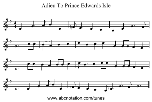 Adieu To Prince Edwards Isle - staff notation