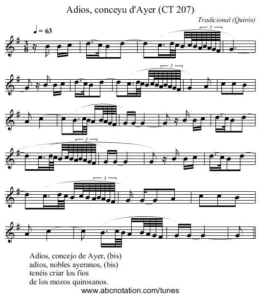 Adios, conceyu d'Ayer (CT 207) - staff notation