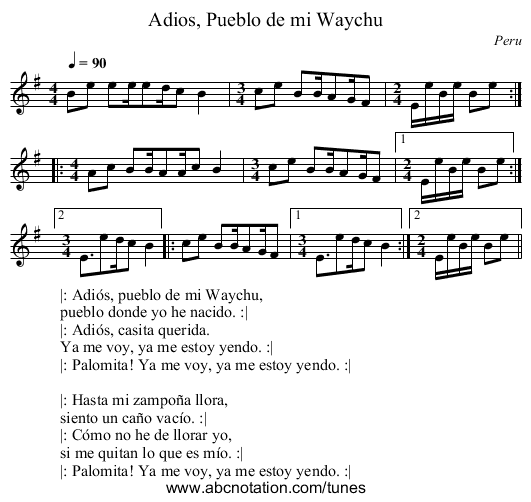 Adios, Pueblo de mi Waychu - staff notation