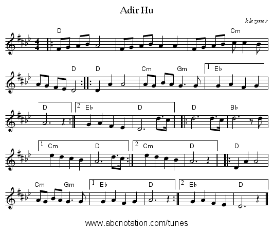 Adir Hu - staff notation