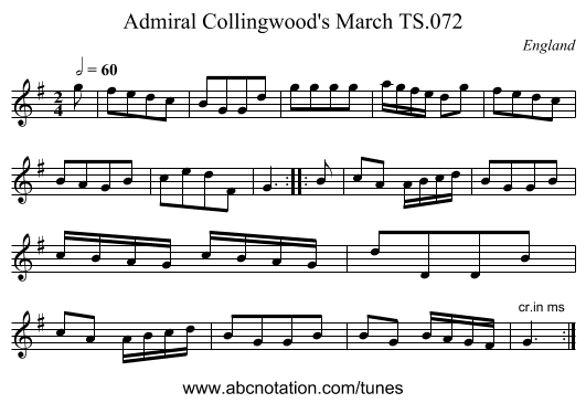 Admiral Collingwood's March TS.072 - staff notation