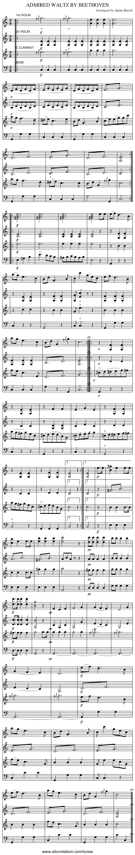 ADMIRED WALTZ BY BEETHOVEN - staff notation