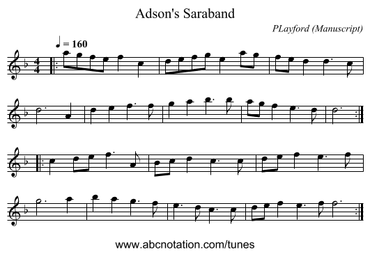 Adson's Saraband - staff notation