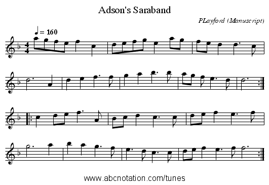 Adson's Saraband - staff notation