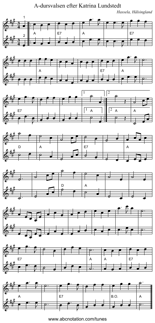 A-dursvalsen efter Katrina Lundstedt - staff notation