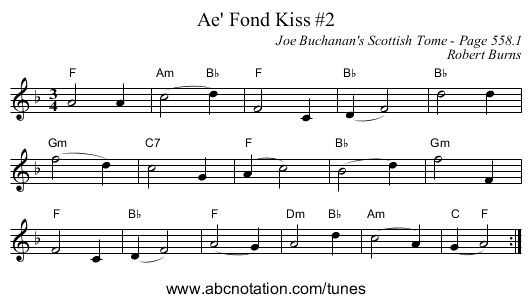 Ae' Fond Kiss #2 - staff notation