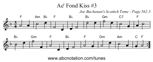 Ae' Fond Kiss #3 - staff notation